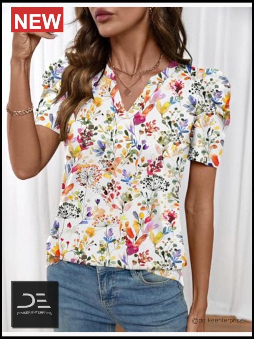 Puff Sleeve V-Neck Blouse Women Spring Summer Work Tops - Picture 3 of 7